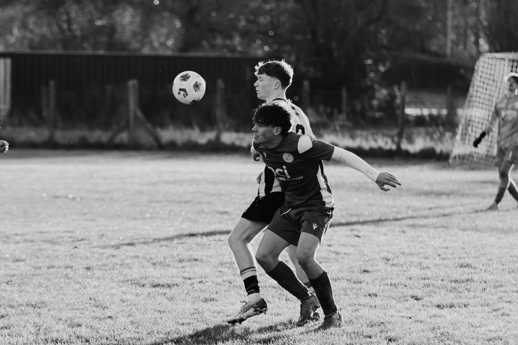 Two young football players competing for the ball during a game, set in a grassy field with goalposts in the background. One player is in a blue kit and the other is in a striped kit.