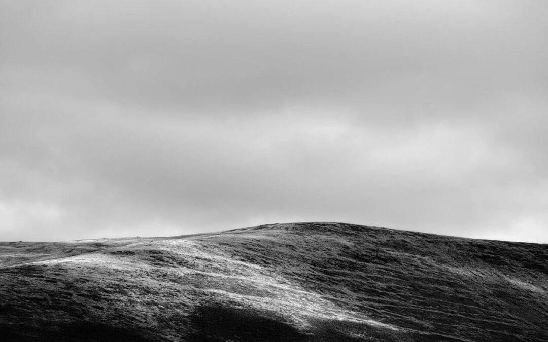A monochrome landscape featuring rolling hills under a cloudy sky, highlighting various shades of grey and textures in the terrain.