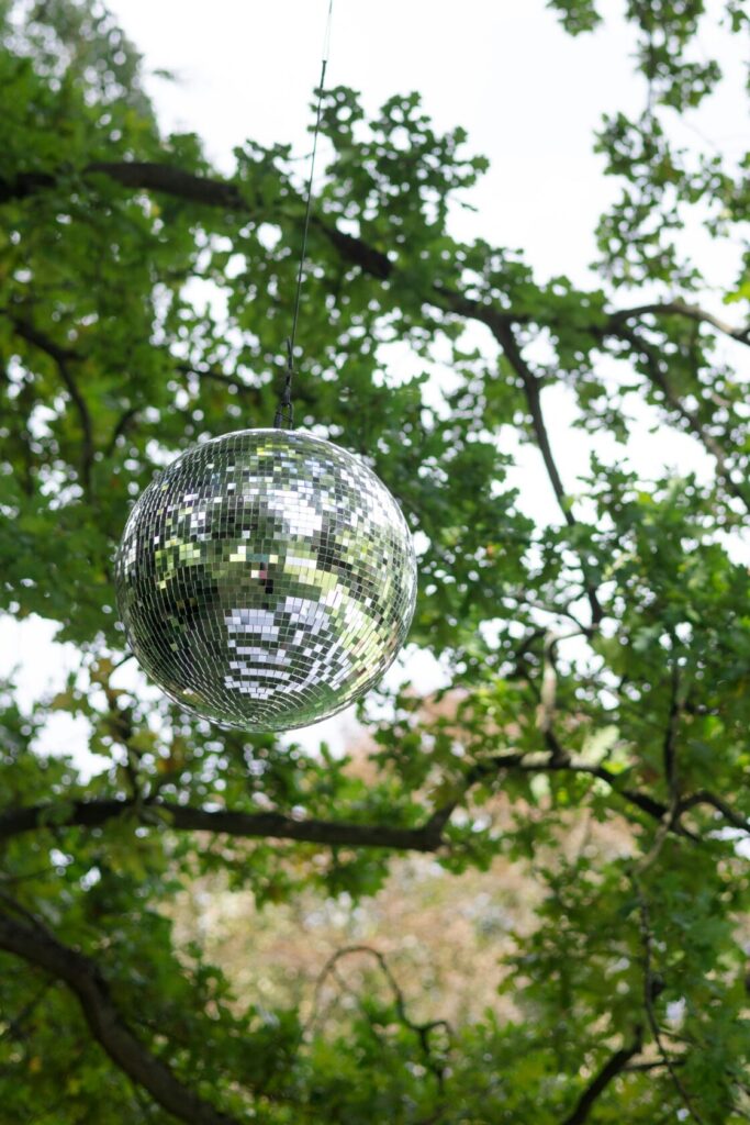 Shiny disco ball suspended from a tree branch, surrounded by lush green leaves.