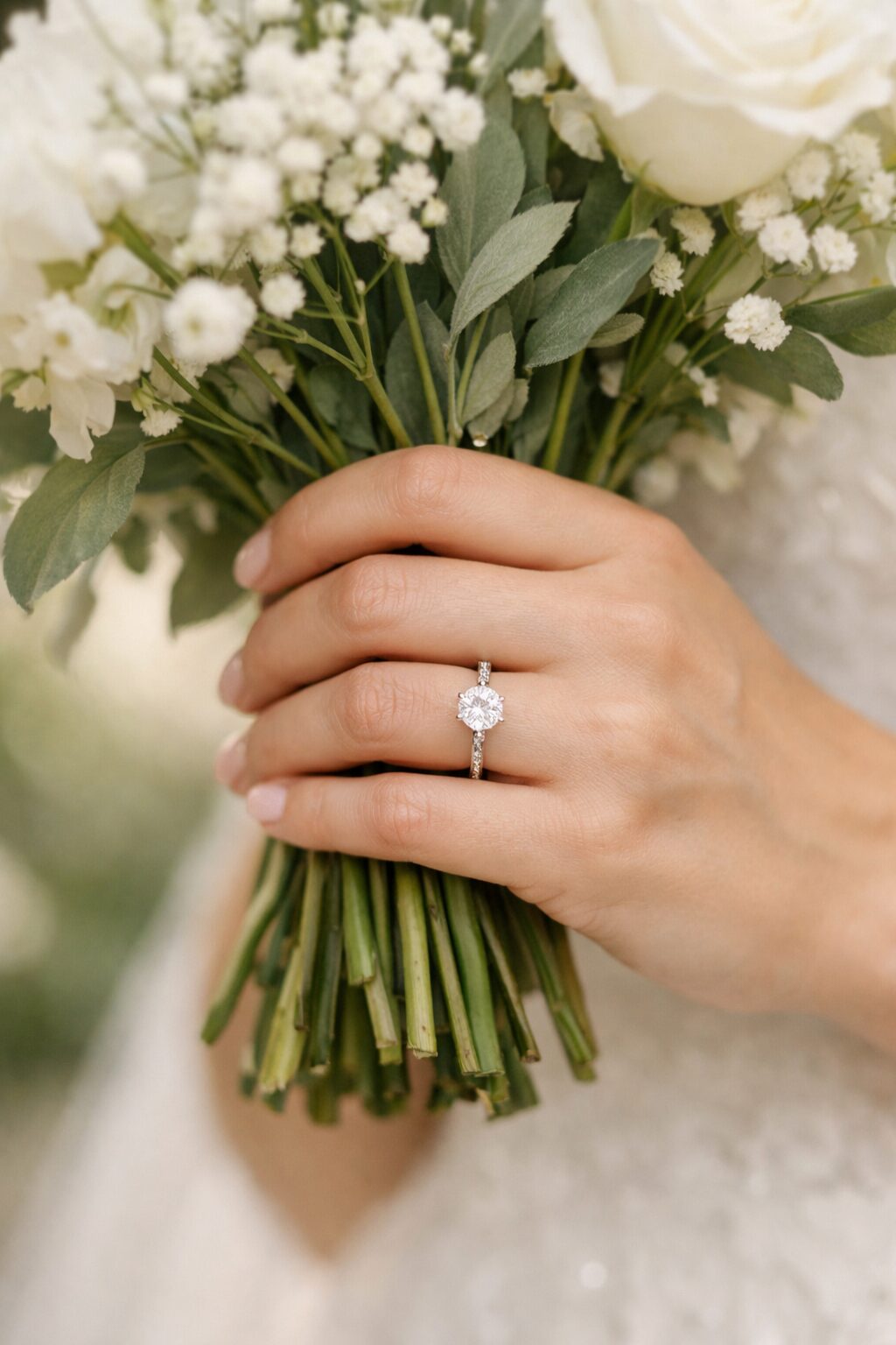 A close-up of a hand holding a bouquet of white flowers and greenery, showcasing a sparkling engagement ring on the ring finger. Shot for Lydia Turner.
