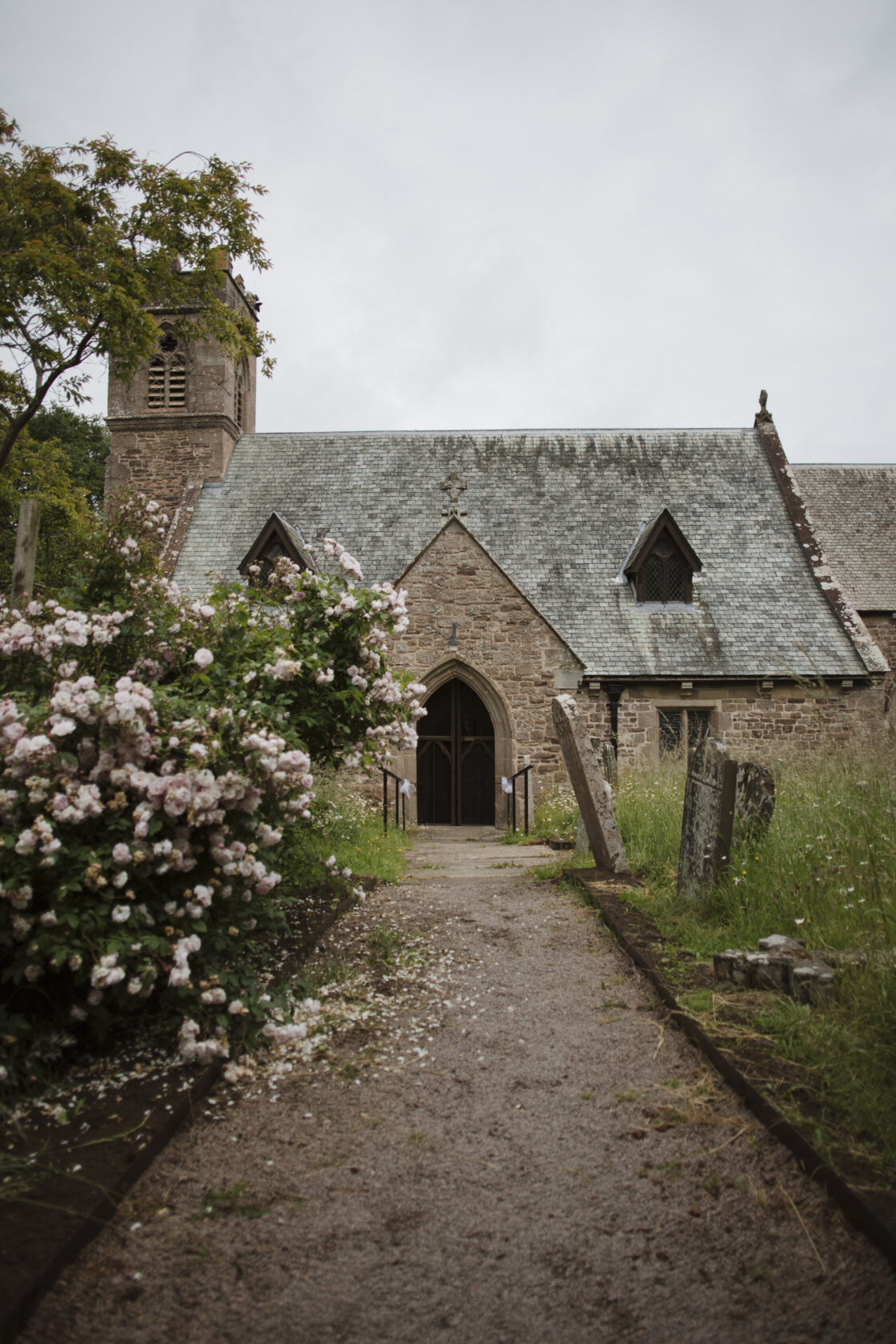 Charming Stone Church Entrance Pathway leading to a stone church with a tower, surrounded by blooming pink roses and a grassy cemetery area.