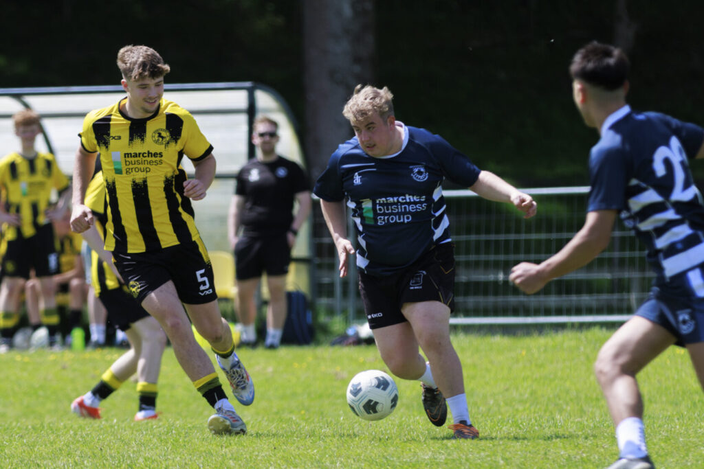 Two football players competing on a bright green pitch during a match, one in a yellow and black striped jersey and the other in a dark blue jersey, with spectators in the background.