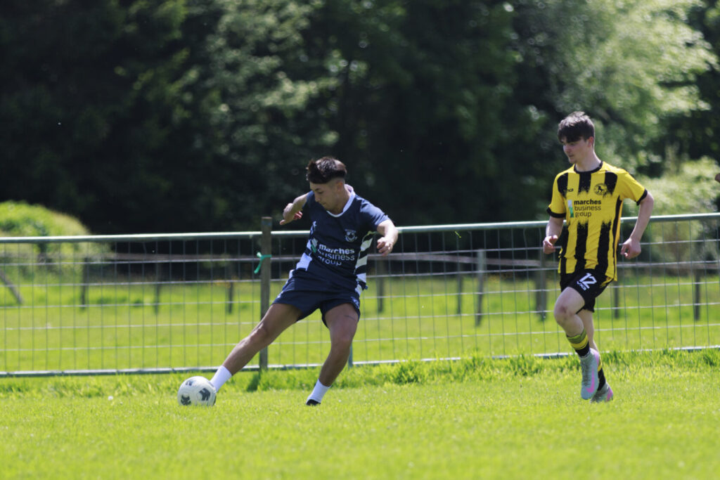 A young football player in a blue kit kicking a ball while another player in a yellow and black striped kit runs towards him on a grassy field.